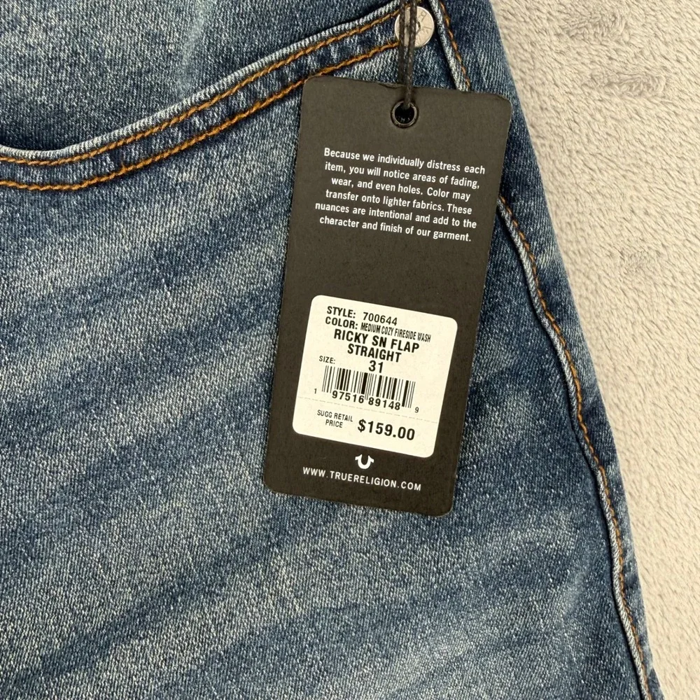 True Religion Ricky Flap Straight‎ Jeans Medium Cuzzy Firefade Wash Mens Size 31